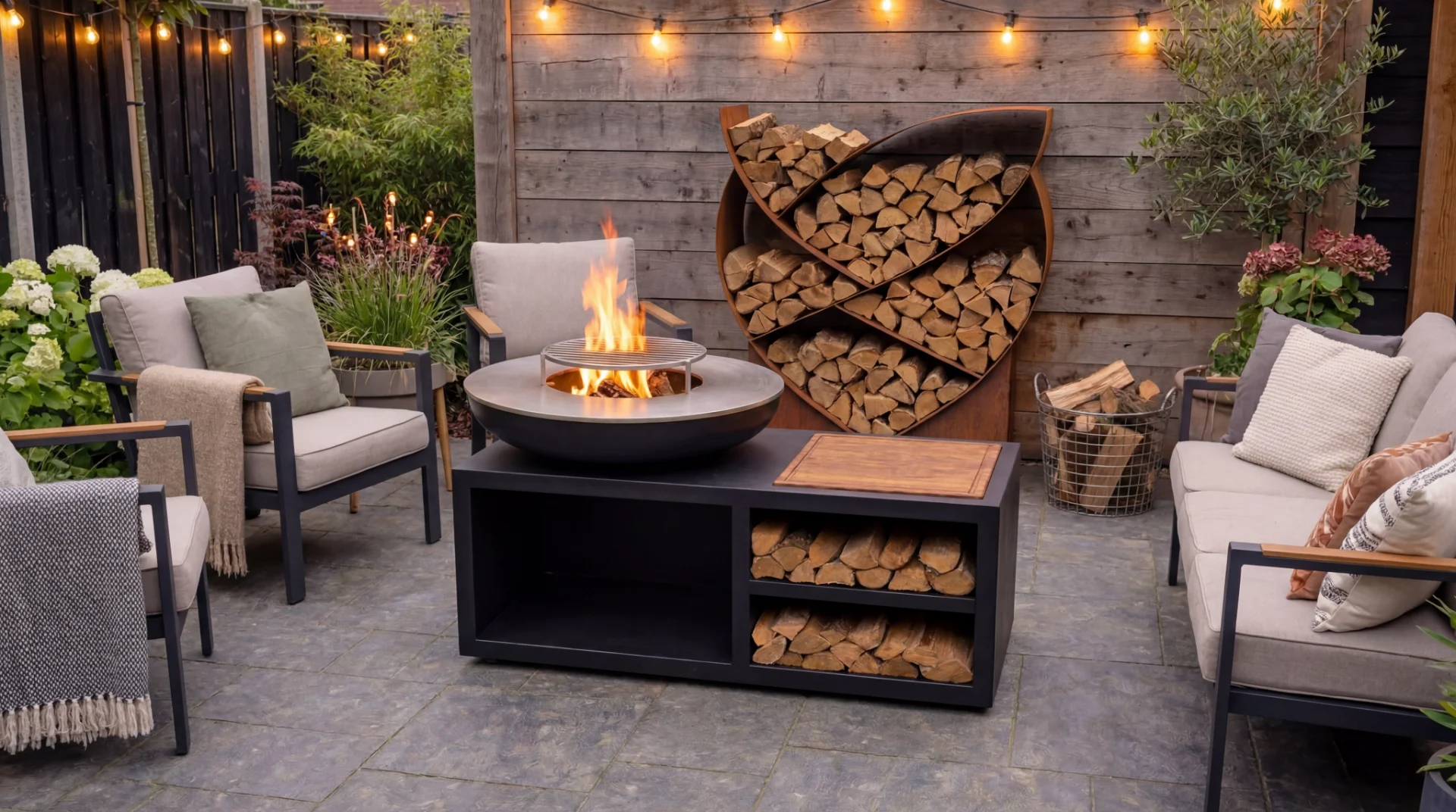 Brasero Le Morris en acier avec plancha et sa planche a découpé intégrer sur votre terrasse