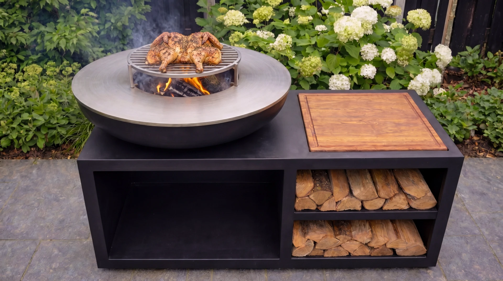 Poulet en crapaudine au feu de bois